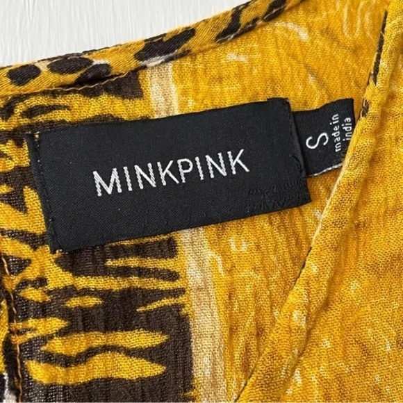 MinkPink | Yellow Orange Animal Print Crepe Gauze Sleeveless Mini Dress, Small - Picture 7 of 8